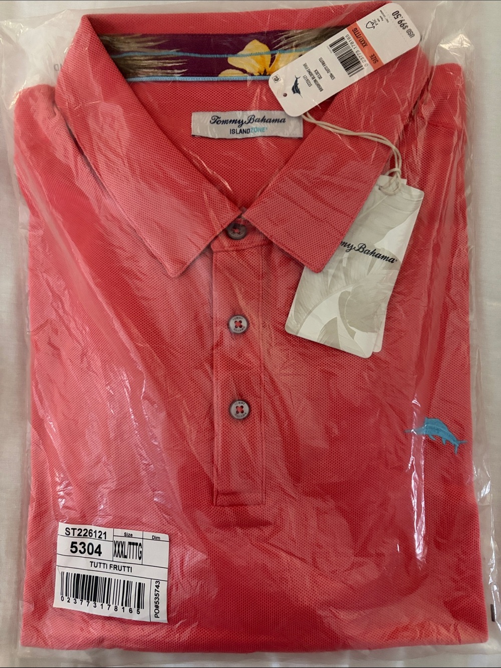 Tommy Bahama Coral Red Polo with Blue Marlin Logo NWT